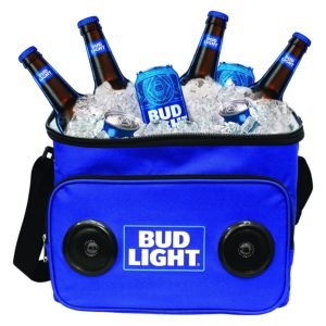 Bud Light Soft Cooler Bag with Built in Bluetooth Speakers – Compatible with all Bluetooth and non-Bluetooth enabled iPhones, smartphones, Tablets, MP3 Players, CD Players, and More – Blue
